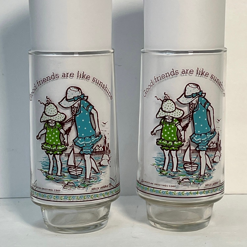 Vtg Holly Hobbie Drinking Glasses Tumblers 2 Set Good Friends Are Like Sunshine